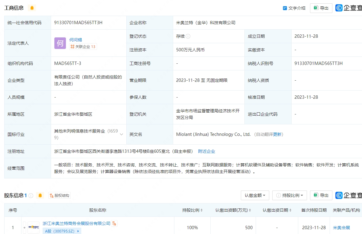 米奧會展在金華成立科技新公司，布局計算機軟硬件批發領域